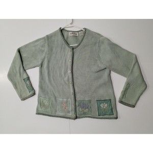Orvis Floral PeaGreen Chunky Knit Grandma Patchwork Cardigan Sweater Womens SZ L
